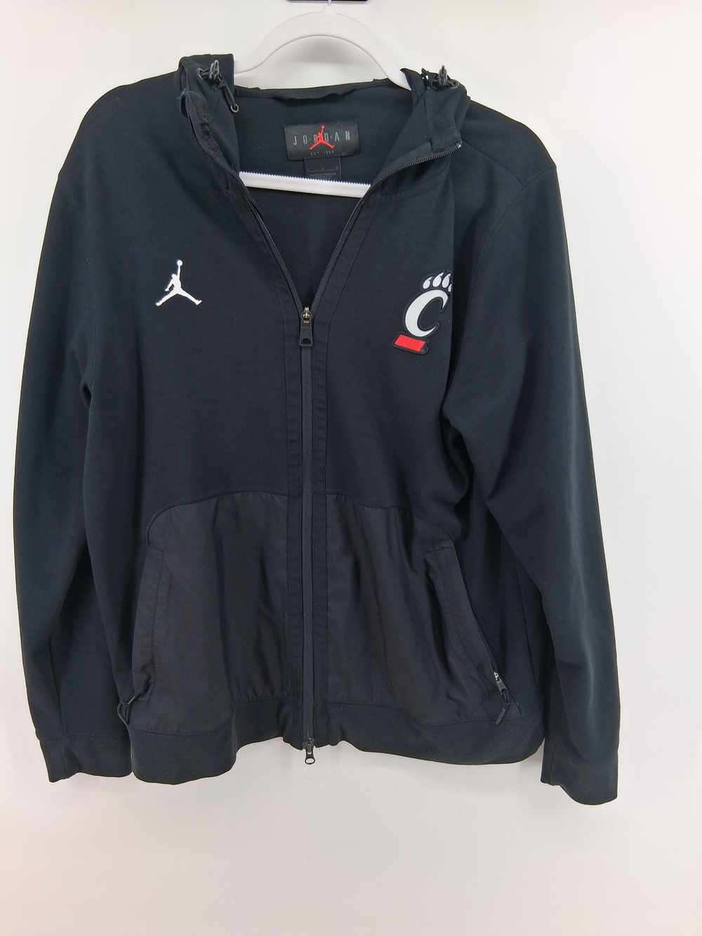 Jordan Black Hooded Puffer Jacket with White Jumpman and Red Accent